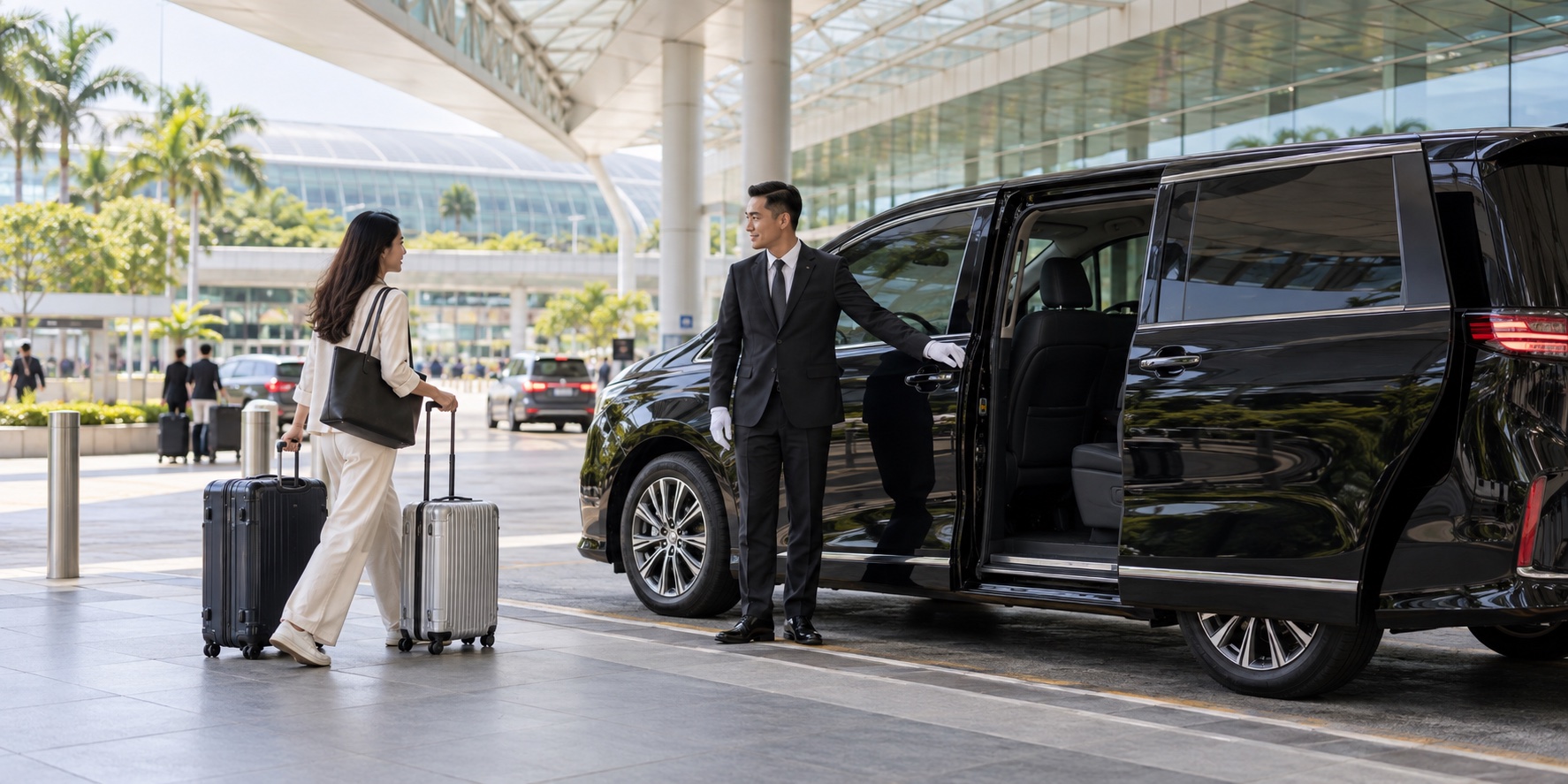 AI-generated illustrative airport pickup with an executive MPV, chauffeur and traveler with luggage