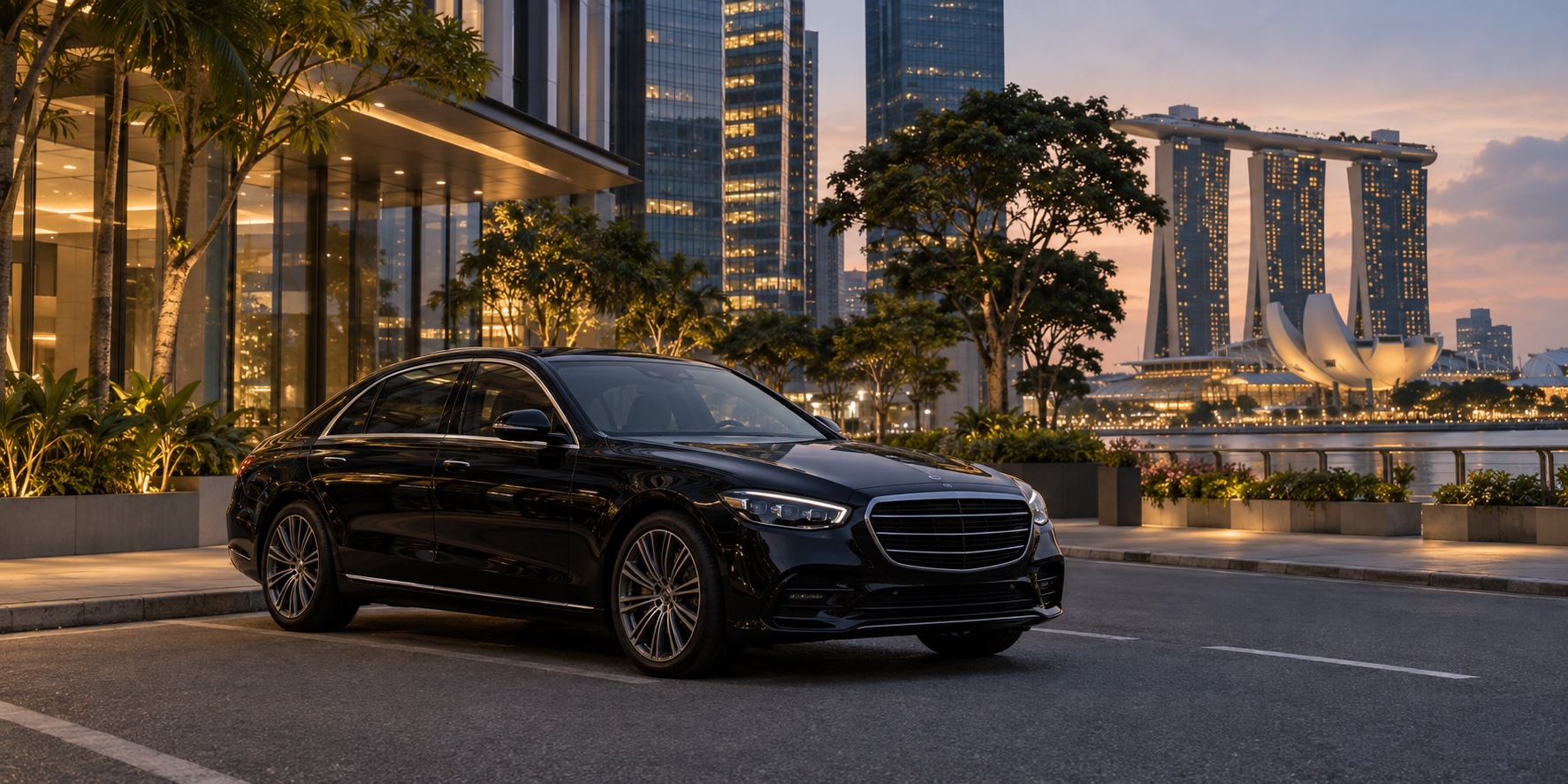 AI-generated illustration of a black executive sedan on a Singapore city street at dusk