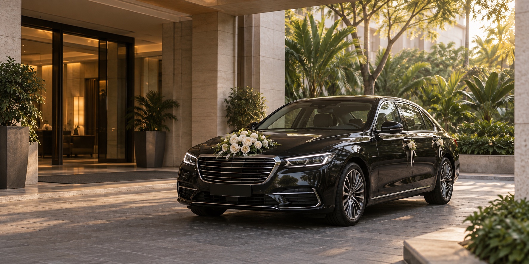 AI-generated illustrative wedding arrival with a modestly decorated black sedan